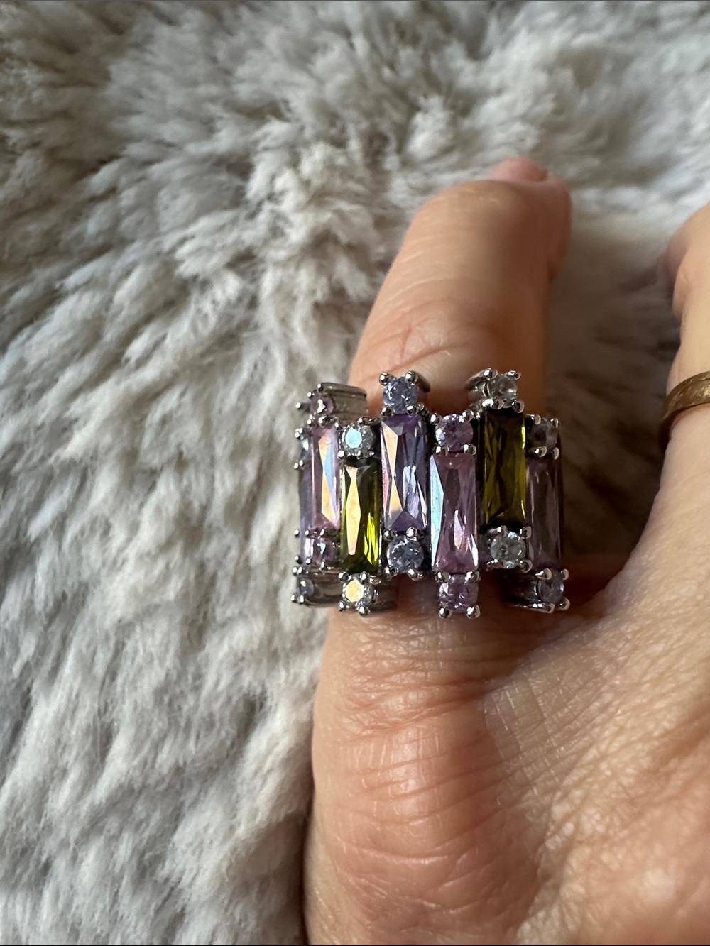 Silver-Tone Purple and Green Baguette Cocktail Ring - Women's Fashion